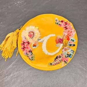 Anthropologie Anna Harlow Russo Yellow Initial C Zipped Clutch‎ Pouch Wristlet